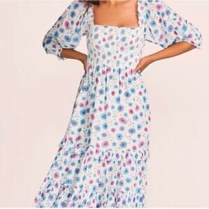 Love Shack Fancy Miri Dress Sz M Floral Square Neck Ruffle Tiered Midi Coquette